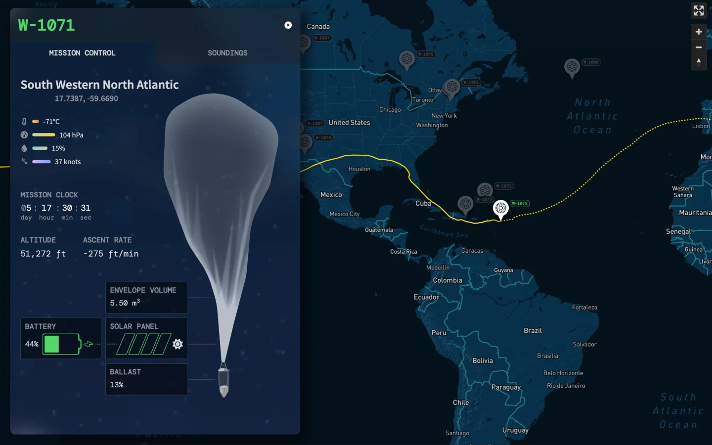 WindBorne Live map showing balloon W-1071, its Atlantic flight path, and current flight details.