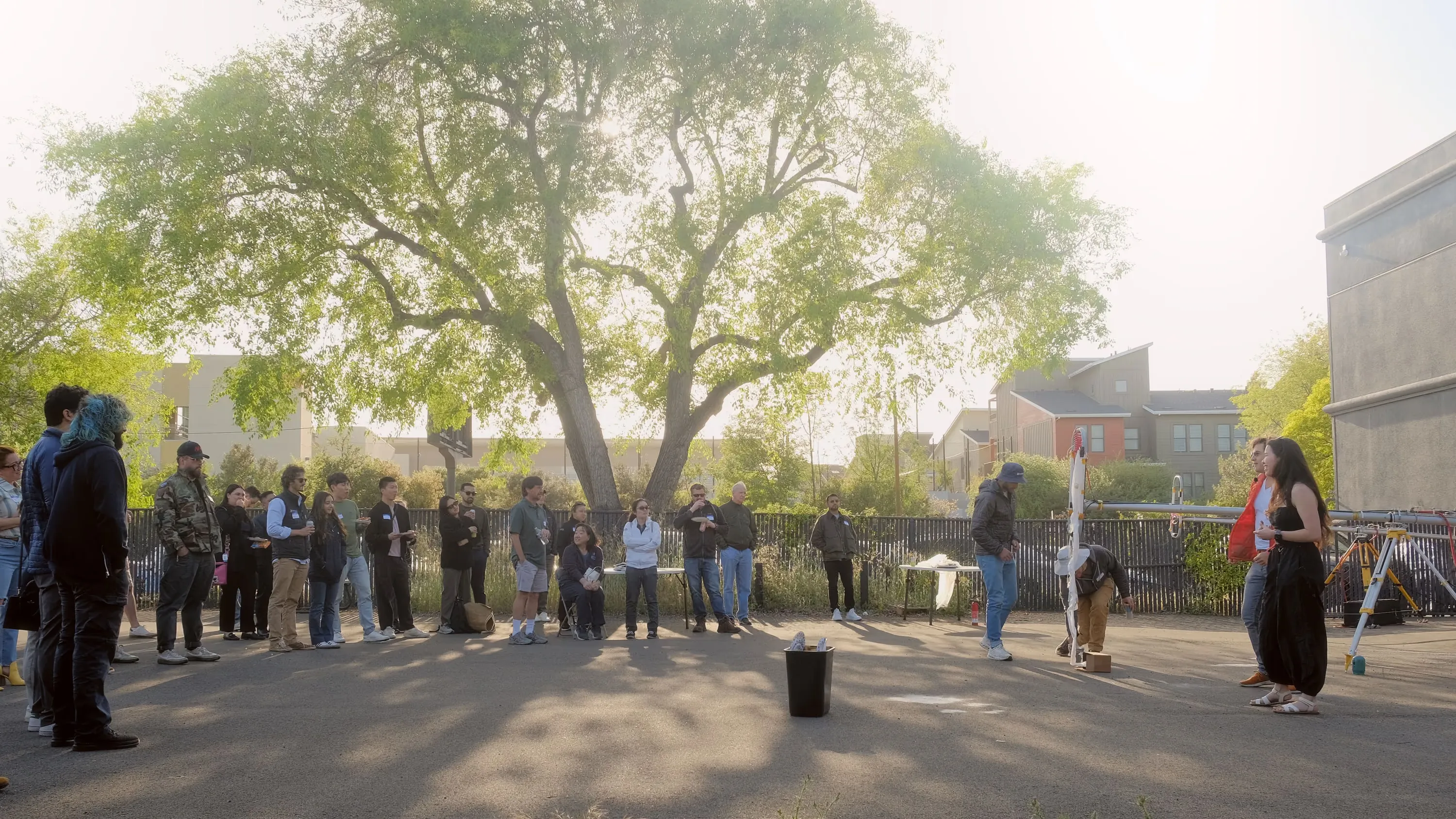 Community members gathered at an outdoor WindBorne launch in Palo Alto